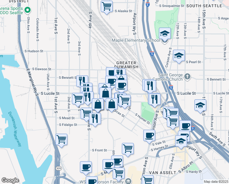 map of restaurants, bars, coffee shops, grocery stores, and more near 5512 6th Avenue South in Seattle