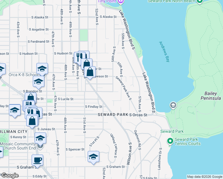 map of restaurants, bars, coffee shops, grocery stores, and more near 5221 South Brandon Street in Seattle