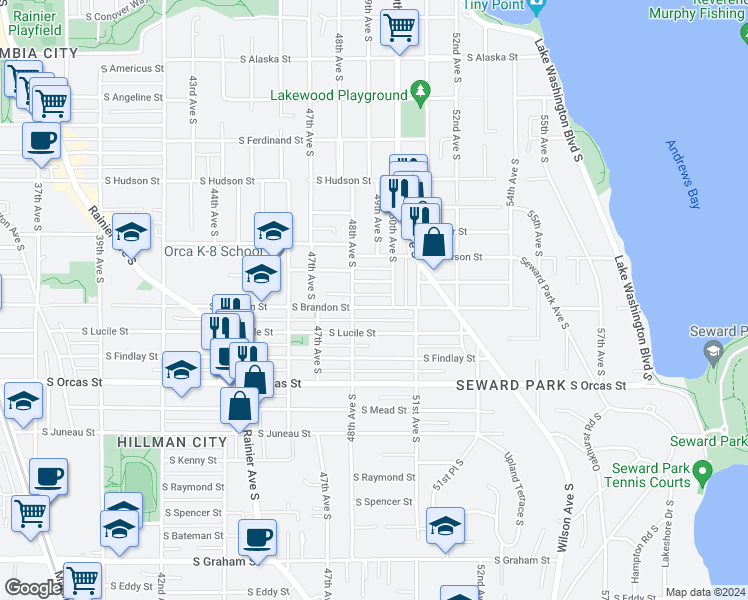 map of restaurants, bars, coffee shops, grocery stores, and more near 4820 South Brandon Street in Seattle