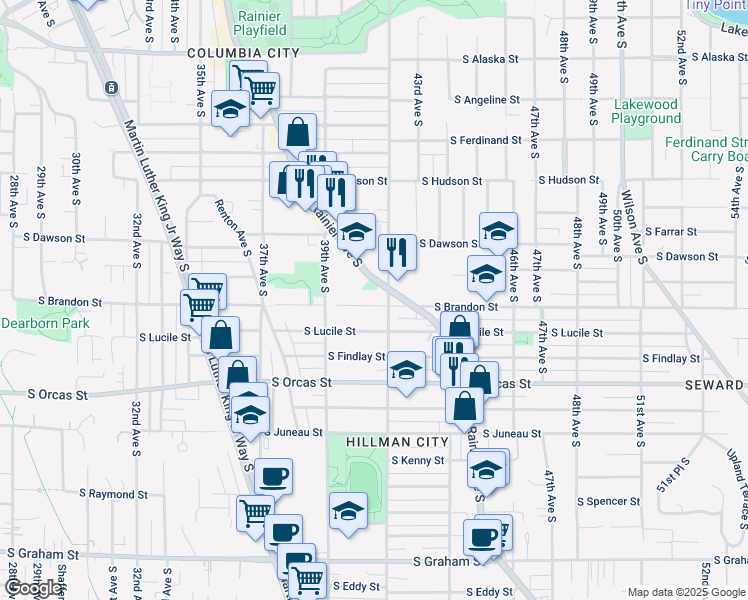map of restaurants, bars, coffee shops, grocery stores, and more near 3946 South Lucile Street in Seattle