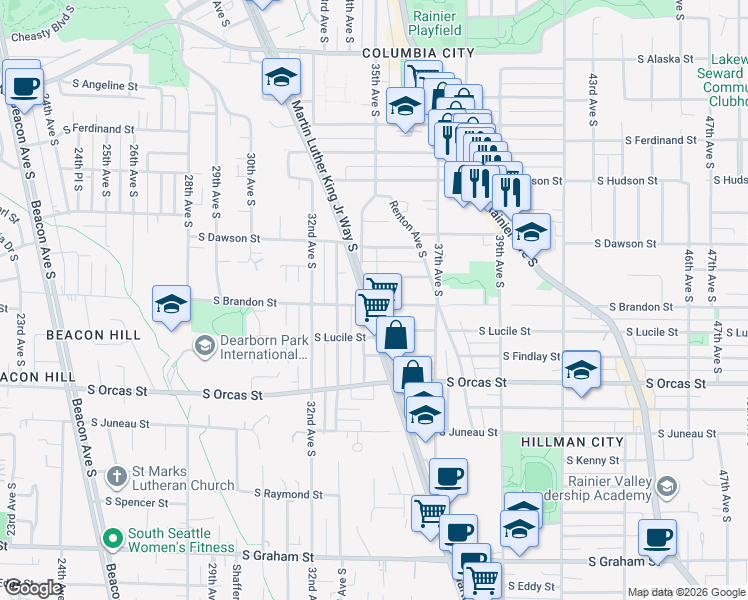 map of restaurants, bars, coffee shops, grocery stores, and more near 5410 Martin Luther King Junior Way South in Seattle