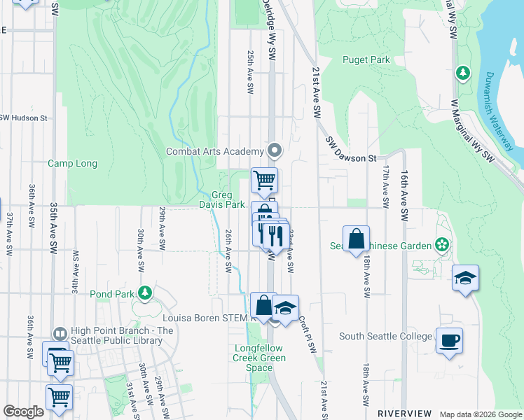 map of restaurants, bars, coffee shops, grocery stores, and more near 5424 25th Avenue Southwest in Seattle