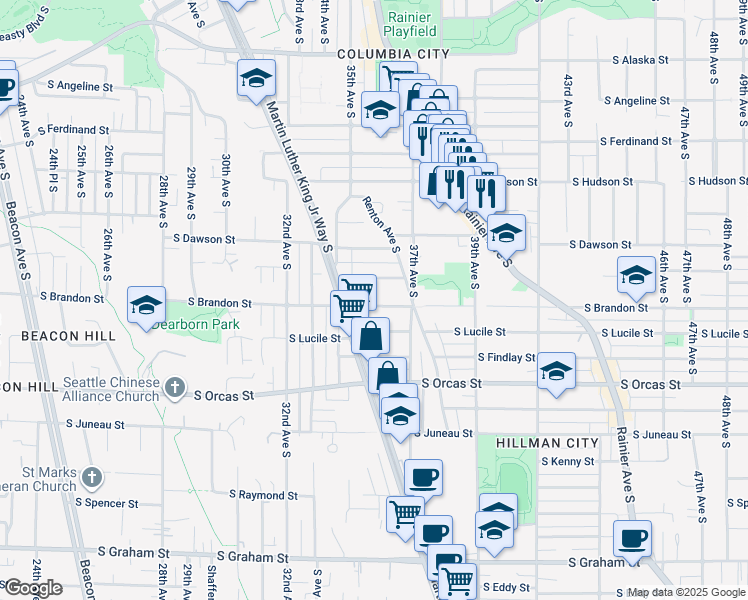 map of restaurants, bars, coffee shops, grocery stores, and more near 3536 South Brandon Street in Seattle