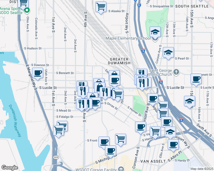 map of restaurants, bars, coffee shops, grocery stores, and more near 5512 6th Avenue South in Seattle