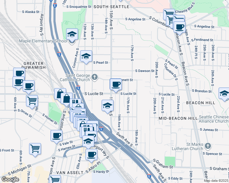 map of restaurants, bars, coffee shops, grocery stores, and more near in Seattle