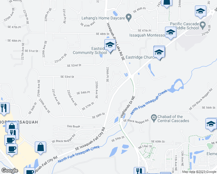map of restaurants, bars, coffee shops, grocery stores, and more near 23633 Southeast Summerhill Lane in Issaquah