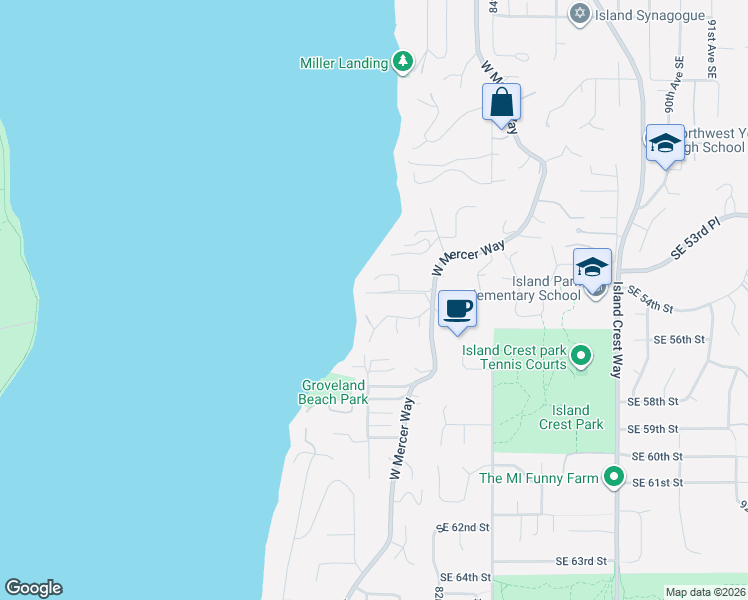 map of restaurants, bars, coffee shops, grocery stores, and more near 5 Brook Bay Road in Mercer Island