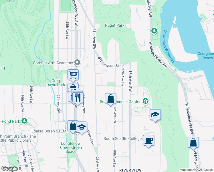 map of restaurants, bars, coffee shops, grocery stores, and more near 19th Avenue Southwest in Seattle