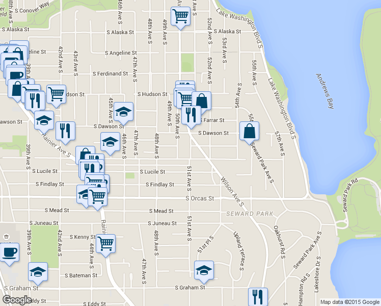 map of restaurants, bars, coffee shops, grocery stores, and more near 51st Avenue South in Seattle