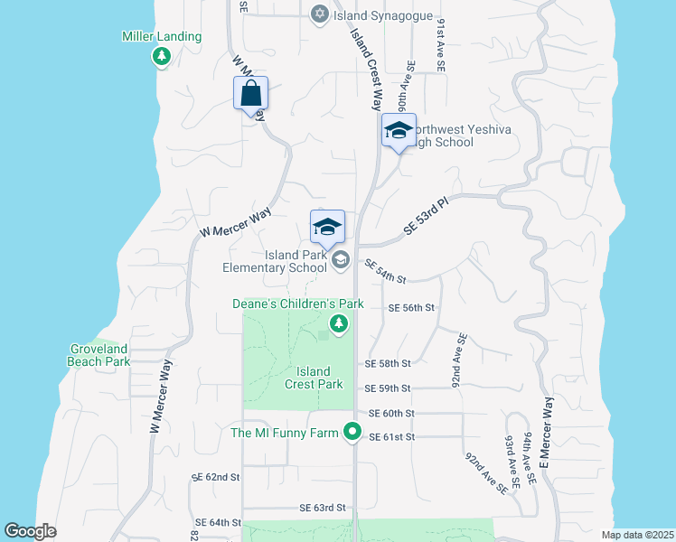 map of restaurants, bars, coffee shops, grocery stores, and more near 5437 Island Crest Way in Mercer Island