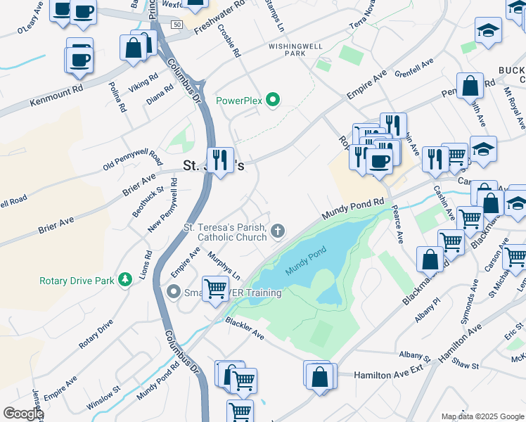 map of restaurants, bars, coffee shops, grocery stores, and more near 2 Glavine Street in St. John's