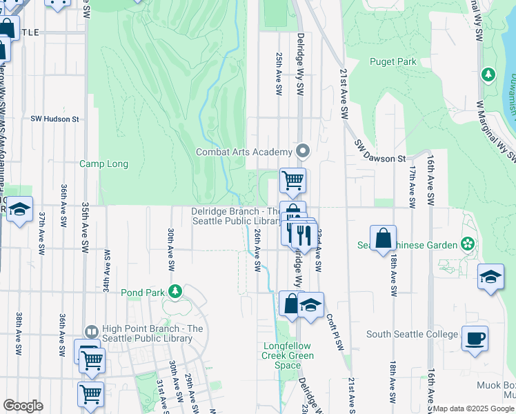 map of restaurants, bars, coffee shops, grocery stores, and more near 26th Ave SW & SW Brandon St in Seattle