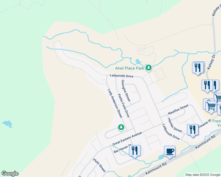 map of restaurants, bars, coffee shops, grocery stores, and more near 64 Lady Anderson Street in St. John's