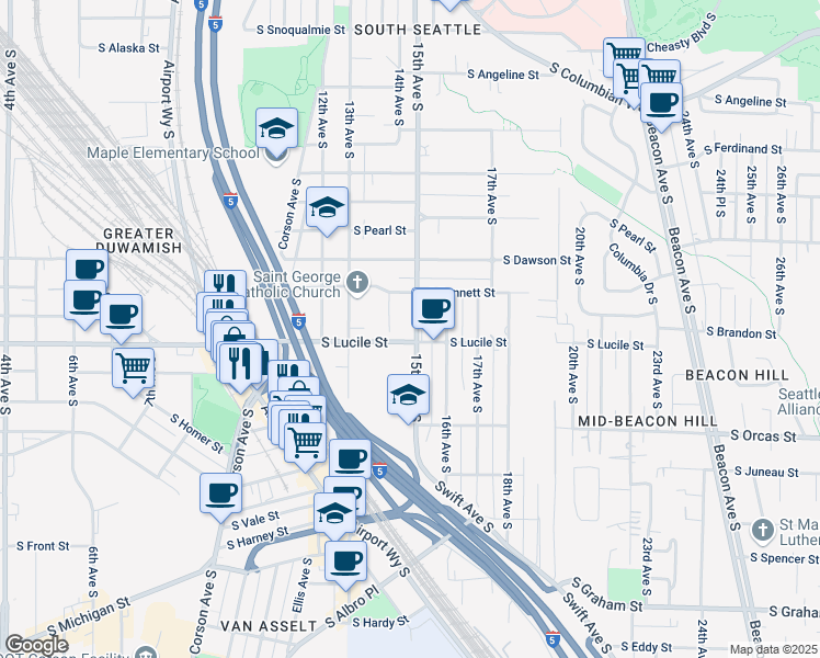 map of restaurants, bars, coffee shops, grocery stores, and more near 5310 14th Avenue South in Seattle