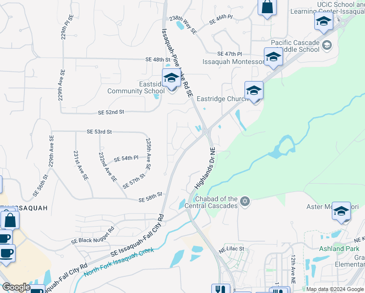 map of restaurants, bars, coffee shops, grocery stores, and more near 23633 Southeast Summerhill Lane in Issaquah