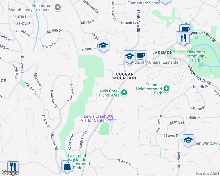 map of restaurants, bars, coffee shops, grocery stores, and more near 5517 Lakemont Boulevard Southeast in Bellevue