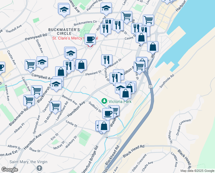 map of restaurants, bars, coffee shops, grocery stores, and more near 129 D Hamilton Avenue in St. John's