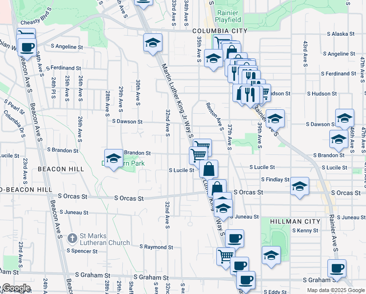 map of restaurants, bars, coffee shops, grocery stores, and more near 5228 33rd Avenue South in Seattle