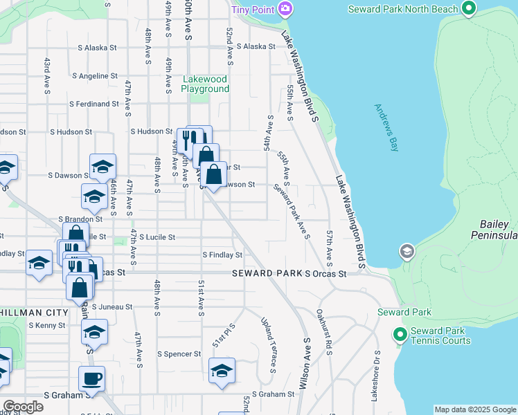 map of restaurants, bars, coffee shops, grocery stores, and more near 5237 South Dawson Street in Seattle