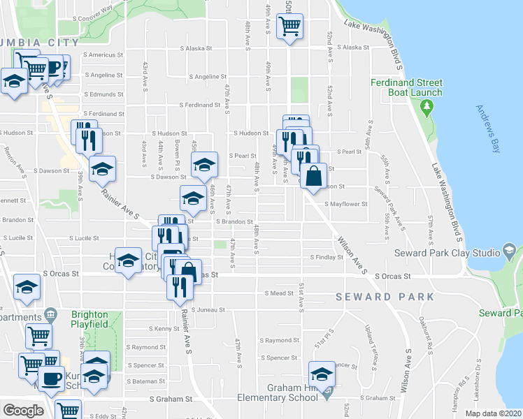 map of restaurants, bars, coffee shops, grocery stores, and more near 4803 South Mayflower Street in Seattle