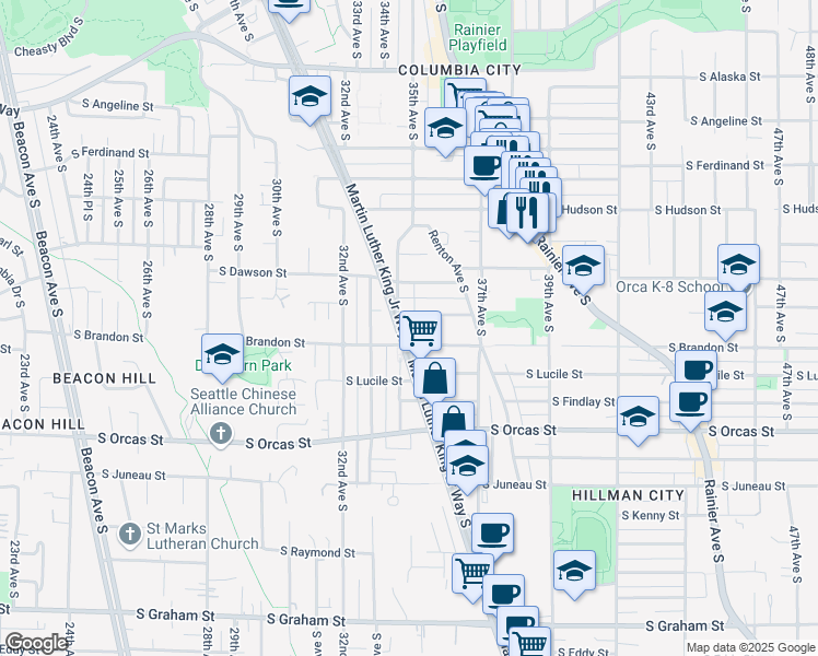 map of restaurants, bars, coffee shops, grocery stores, and more near 3512 South Bennett Street in Seattle