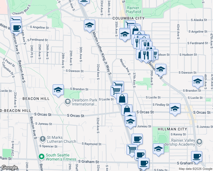 map of restaurants, bars, coffee shops, grocery stores, and more near 5228 33rd Avenue South in Seattle