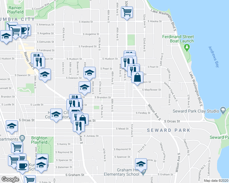 map of restaurants, bars, coffee shops, grocery stores, and more near 4803 South Mayflower Street in Seattle