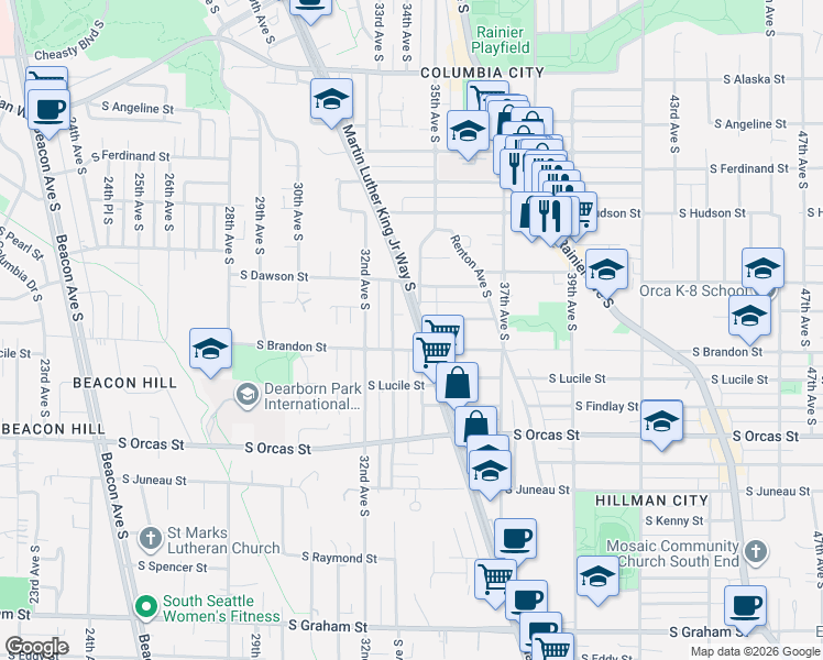 map of restaurants, bars, coffee shops, grocery stores, and more near 5305 Martin Luther King Jr Way S in Seattle