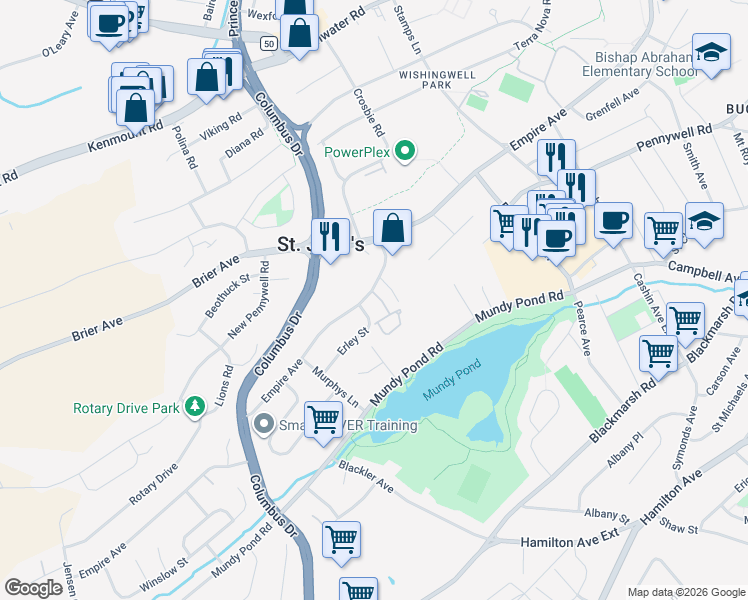 map of restaurants, bars, coffee shops, grocery stores, and more near 11 Glavine Street in St. John's