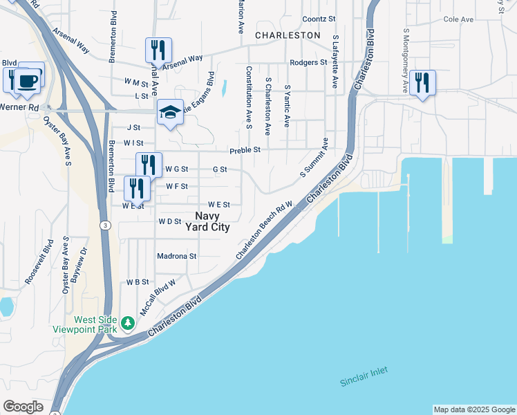 map of restaurants, bars, coffee shops, grocery stores, and more near 818 Merrill Place West in Bremerton