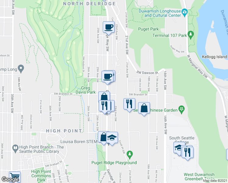 map of restaurants, bars, coffee shops, grocery stores, and more near 5212 Delridge Way Southwest in Seattle