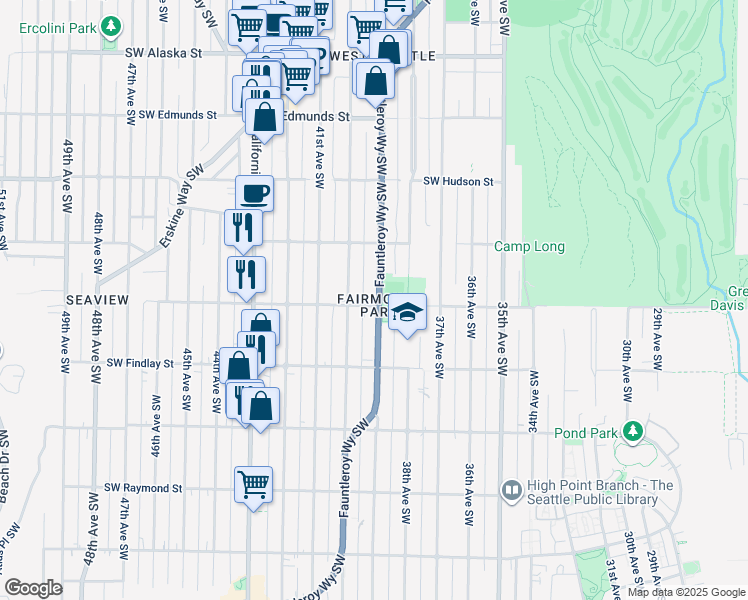 map of restaurants, bars, coffee shops, grocery stores, and more near 5237 Fauntleroy Way Southwest in Seattle