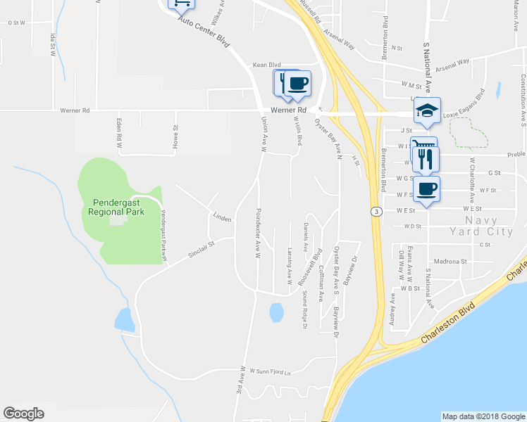 map of restaurants, bars, coffee shops, grocery stores, and more near 1106 Poindexter Avenue West in Bremerton