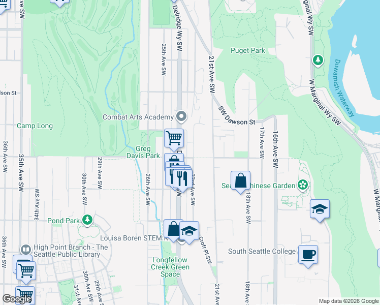 map of restaurants, bars, coffee shops, grocery stores, and more near 5212 Delridge Way Southwest in Seattle
