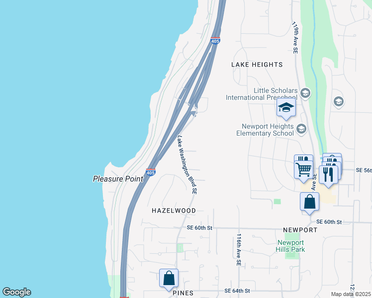 map of restaurants, bars, coffee shops, grocery stores, and more near 5438 Lake Washington Boulevard Southeast in Bellevue