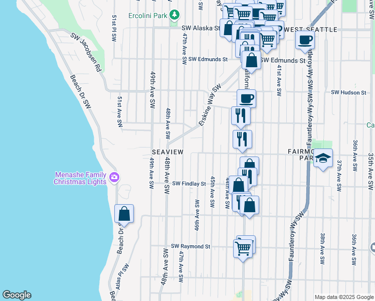 map of restaurants, bars, coffee shops, grocery stores, and more near 5309 47th Avenue Southwest in Seattle