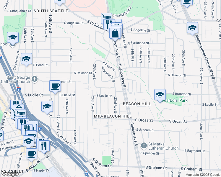 map of restaurants, bars, coffee shops, grocery stores, and more near 2113 South Bennett Street in Seattle