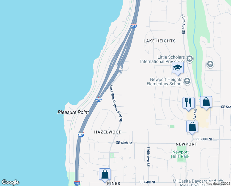 map of restaurants, bars, coffee shops, grocery stores, and more near 5438 Lake Washington Boulevard Southeast in Bellevue