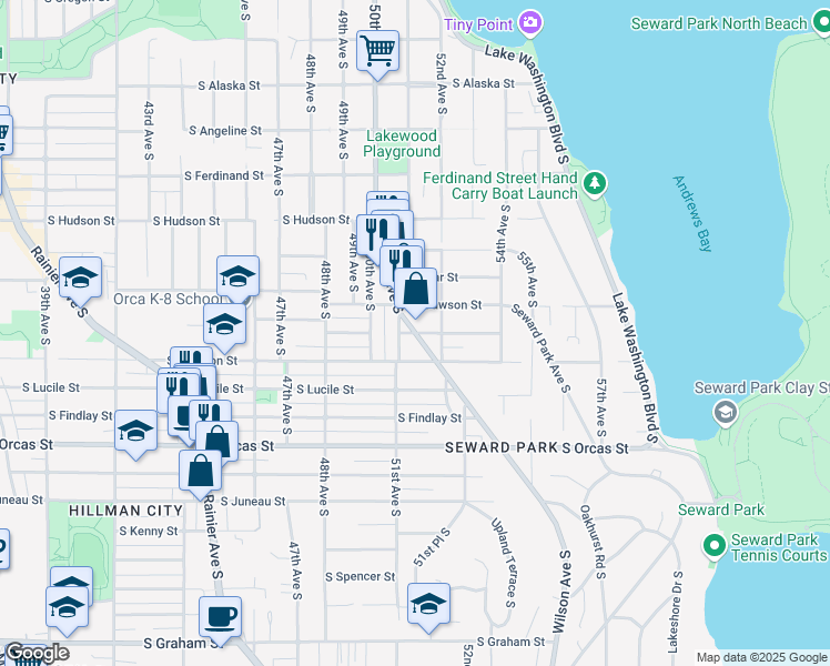map of restaurants, bars, coffee shops, grocery stores, and more near 5200 Wilson Avenue South in Seattle