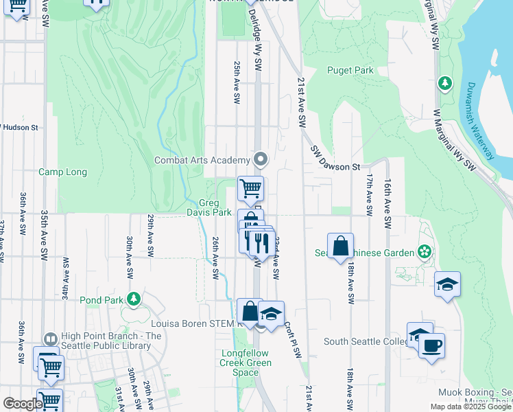 map of restaurants, bars, coffee shops, grocery stores, and more near 5212 Delridge Way Southwest in Seattle