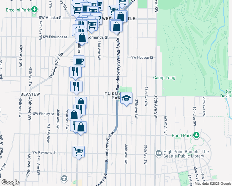 map of restaurants, bars, coffee shops, grocery stores, and more near 5237 Fauntleroy Way Southwest in Seattle