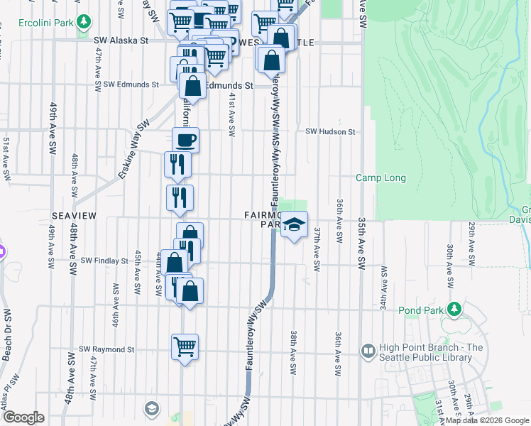 map of restaurants, bars, coffee shops, grocery stores, and more near 5237 Fauntleroy Way Southwest in Seattle