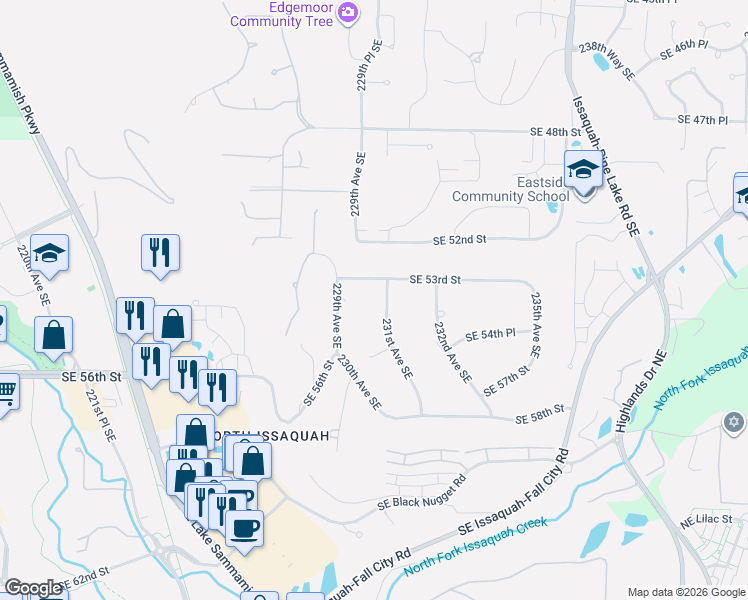 map of restaurants, bars, coffee shops, grocery stores, and more near 22915 Southeast 53rd Street in Issaquah