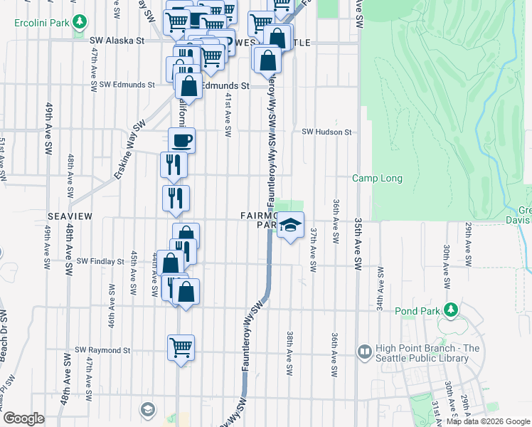 map of restaurants, bars, coffee shops, grocery stores, and more near 5237 Fauntleroy Way Southwest in Seattle