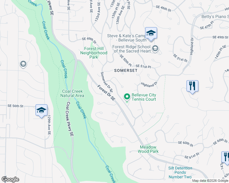 map of restaurants, bars, coffee shops, grocery stores, and more near 5323 134th Avenue Southeast in Bellevue