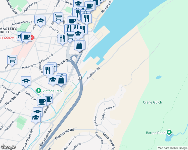 map of restaurants, bars, coffee shops, grocery stores, and more near 209 Southside Road in St. John's
