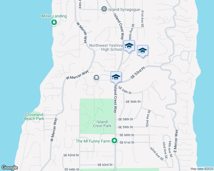 map of restaurants, bars, coffee shops, grocery stores, and more near 5437 Island Crest Way in Mercer Island