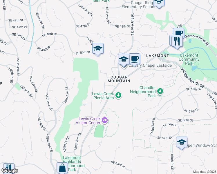 map of restaurants, bars, coffee shops, grocery stores, and more near 5517 Lakemont Boulevard Southeast in Bellevue