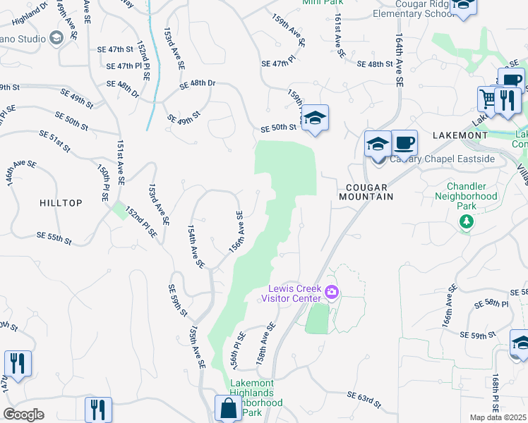 map of restaurants, bars, coffee shops, grocery stores, and more near 15627 Southeast 54th Street in Bellevue
