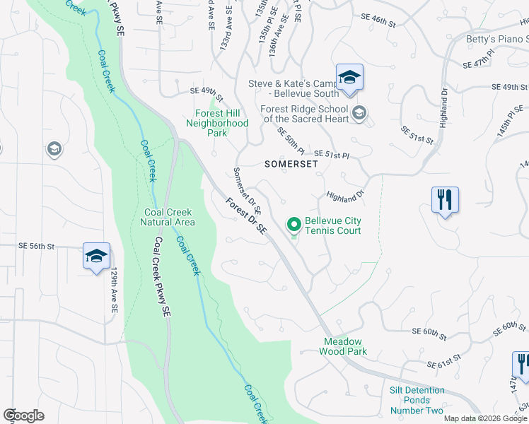 map of restaurants, bars, coffee shops, grocery stores, and more near 5323 134th Avenue Southeast in Bellevue
